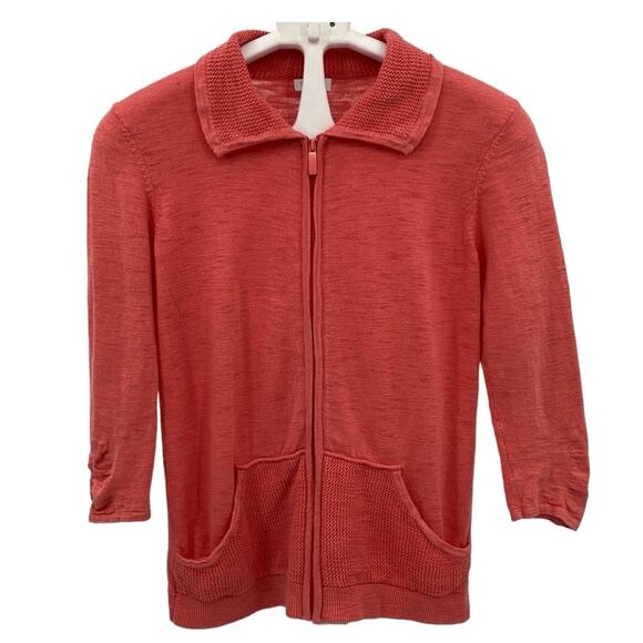 Chico's Sweaters - Weekends By Chico's Women's Orange Cotton Knit 3/4 Sleeve Zip-Up Cardigan Size 1